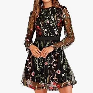 Floral Embroidered Black Dress With Mesh